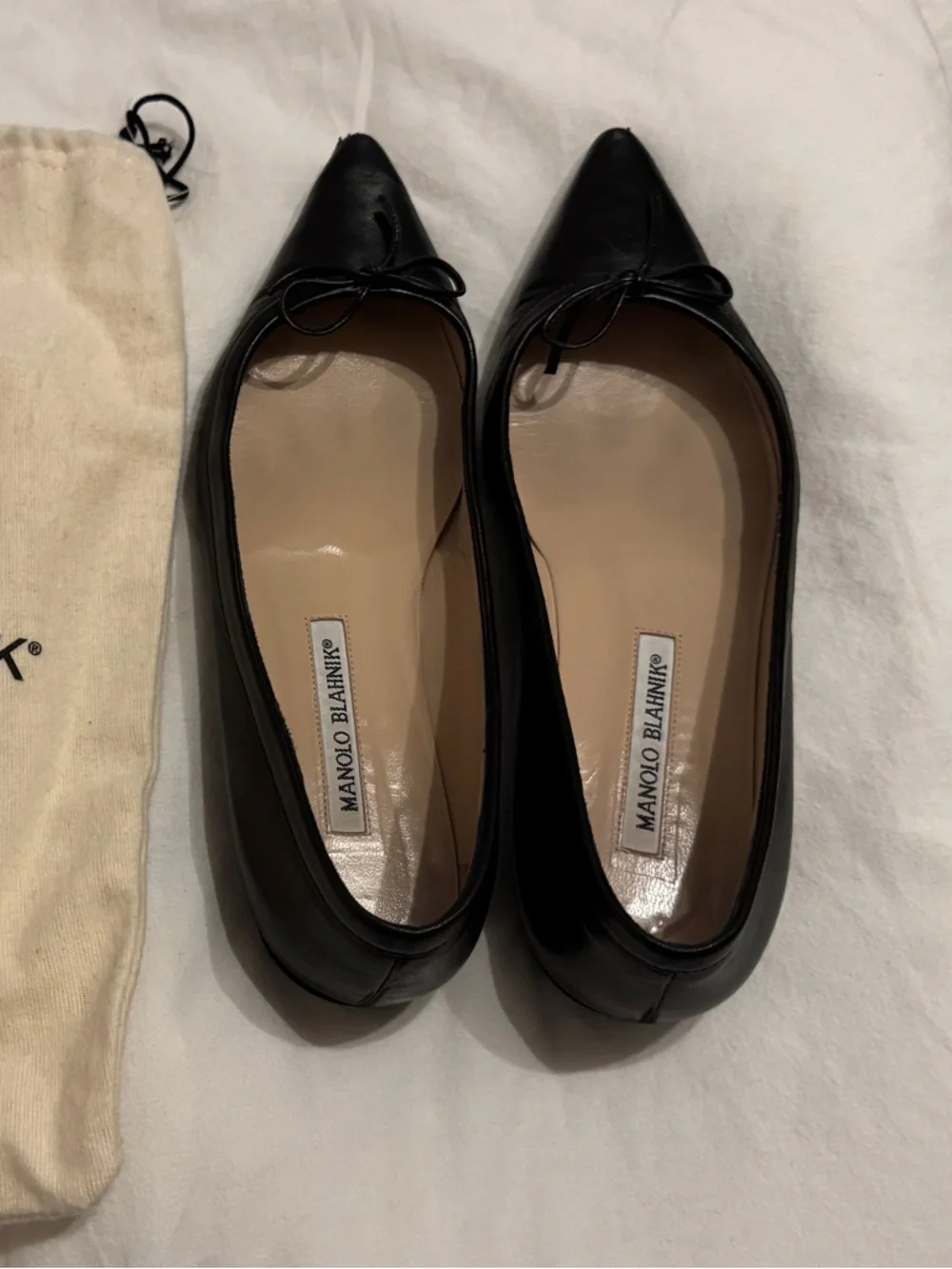 Manolo Blahnik Black Pointed Toe Leather Flats with Bow - Picture 2 of 8